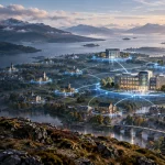 Scottish towns and council buildings beside a loch, linked by glowing digital network lines to larger regional hubs, watched by two people on a Highland hillside
