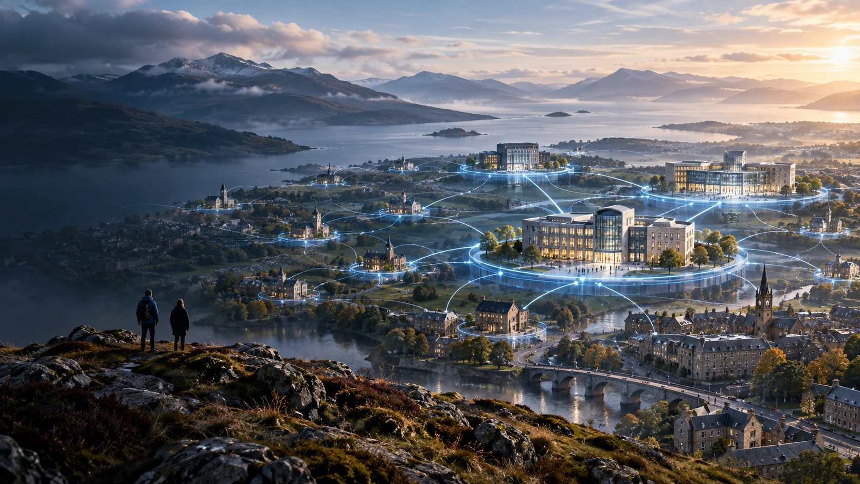 Scottish towns and council buildings beside a loch, linked by glowing digital network lines to larger regional hubs, watched by two people on a Highland hillside